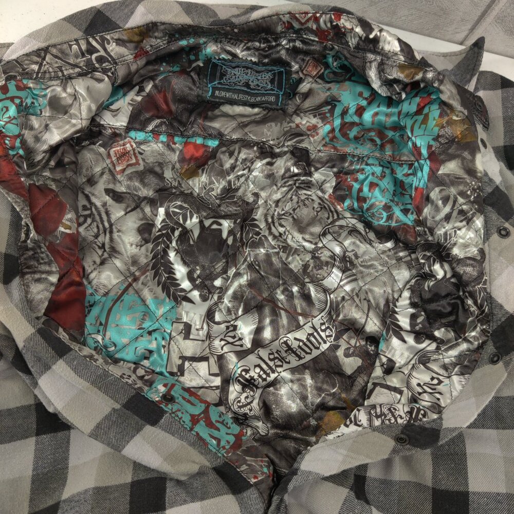 True Love False Idols Shirt Men 3XL Gray Plaid Flannel Shacket Lined Embroidered - Picture 10 of 16